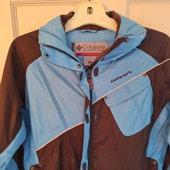 Columbia Women’s Convert Boardwear Snowboard Ski Jacket Brown Blue Snap Hood Med - Picture 9 of 16